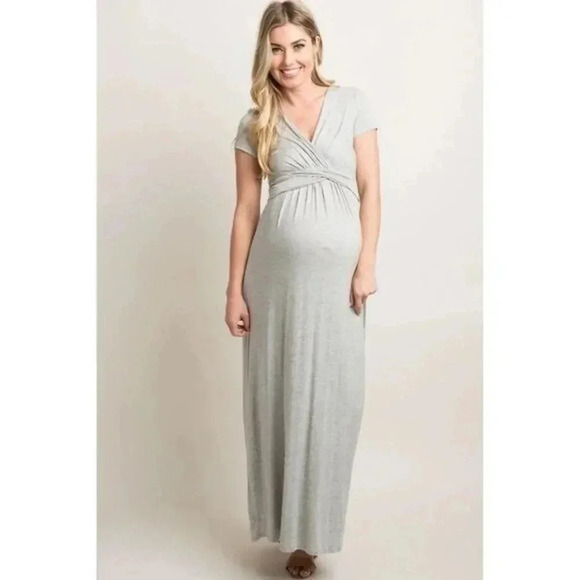Pinkblush Maternity Light Gray Drape Front Short Sleeve Maxi Dress S - Picture 1 of 7